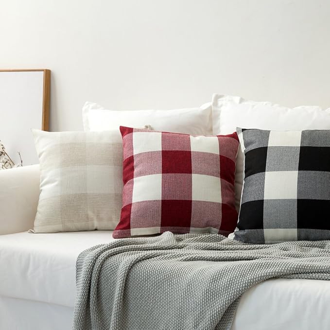 MIULEE Pack of 2 Christmas Classic Farmhouse Buffalo Check Plaids Polyester Linen Soft Solid White and Red Decorative Porch Throw Pillow Covers Home Decor Cushion Case for Sofa Bedroom 24 x 24 Inch