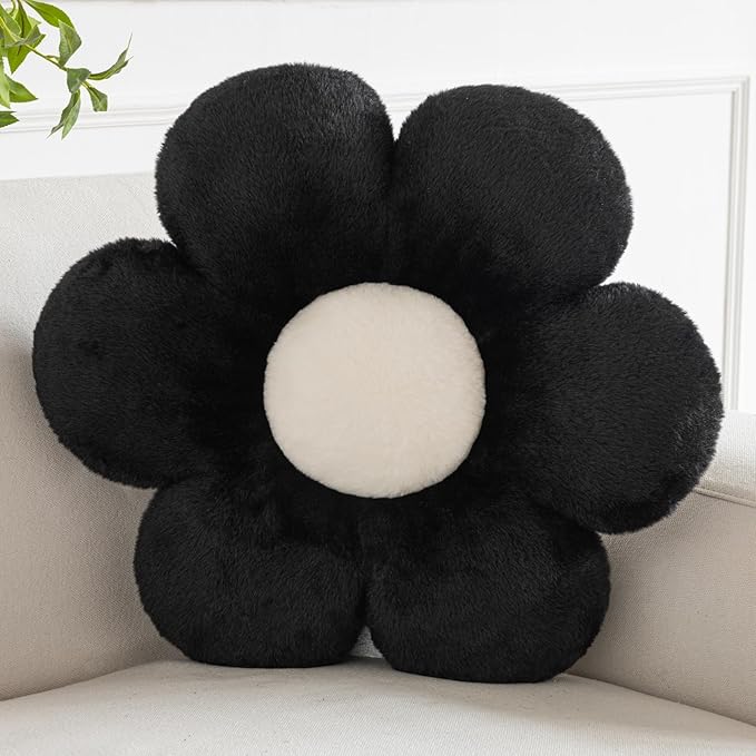 Xiashrk Flower Pillows, Decorative Pillows for Couch, Cute Daisy Pillow for Bed, Flower Shaped Decorative Throw Pillow Room Decor (Black, 19.6 Inches)