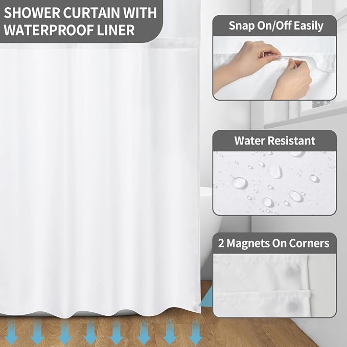 Muuyi Grey Watercolor Floral Shower Curtain,No Hook Shower Curtain,Polyester Shower Curtains with Snap in Fabric,Sheer Top Window for Bathroom Decor,Waterproof & Washable,72W x 75L Inch