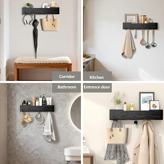 Coat Rack Wall Mount Entryway Organizer Modern Key Holder Wall Mount with Wooden Shelf Entryway Hooks for Bedroom Kitchen Hallway Bathroom for Hanging Coats Hats Bags Towels