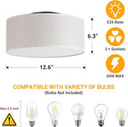 3-Light Semi Flush Mount Ceiling Light Fixture,Round Ceiling Light Fixture for Bedroom,12.6" Modern Close to Ceiling Light with Linen Fabric Drum Shade,Ceiling Lamps for Hallway Living Room