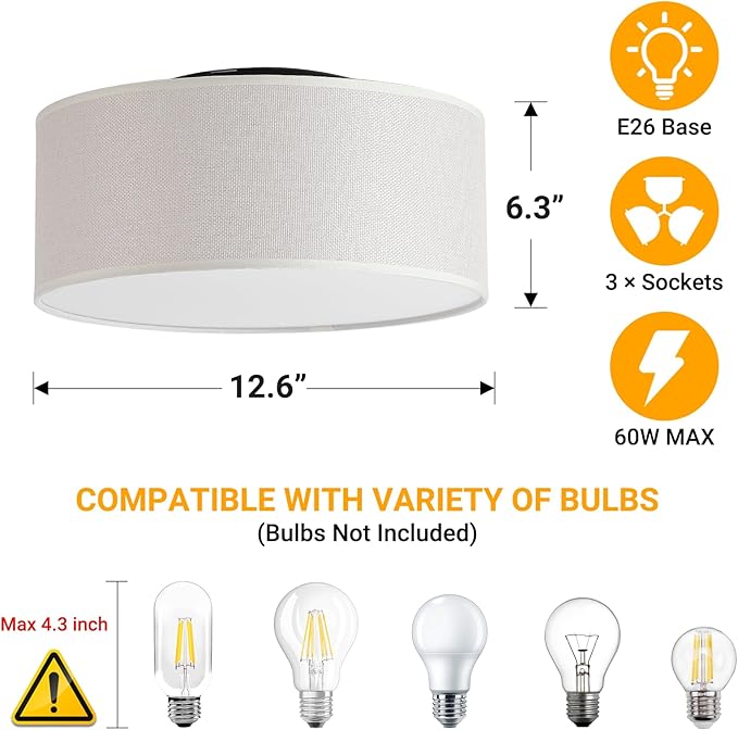 3-Light Semi Flush Mount Ceiling Light Fixture,Round Ceiling Light Fixture for Bedroom,12.6" Modern Close to Ceiling Light with Linen Fabric Drum Shade,Ceiling Lamps for Hallway Living Room