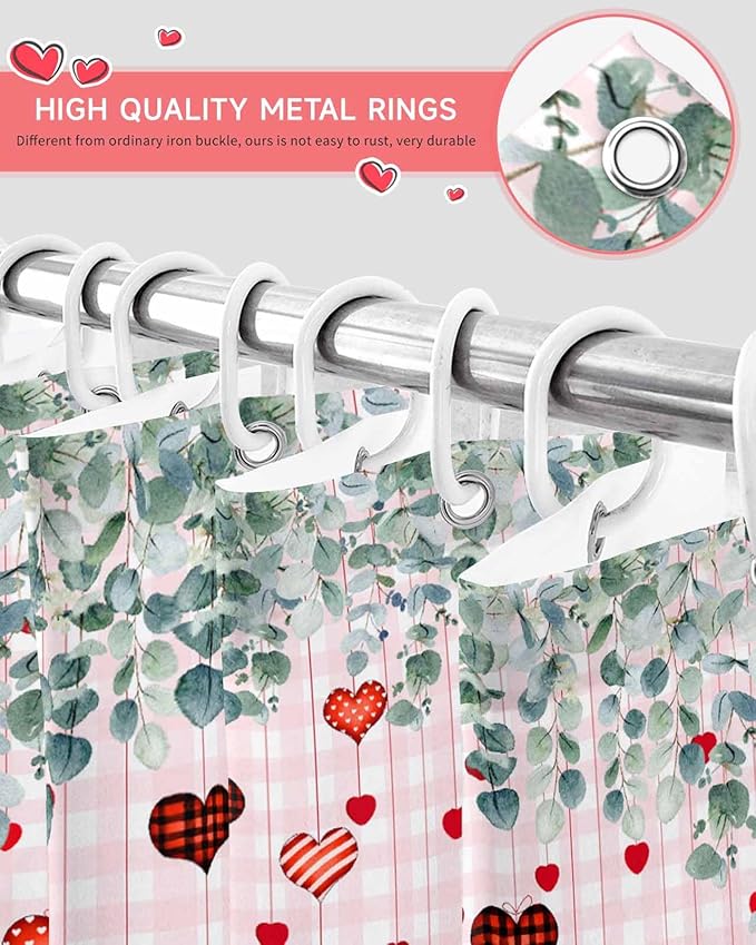Eucalyptus Love Hearts Valentine's Day Shower Curtain, Pink Buffalo Plaid Shower Curtains Set with Hooks, Waterproof Fabric Bathroom Curtains Decor Home Accessories, Stall Long 36 X 78 Inch
