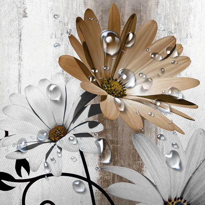 Rustic Farmhouse Shower Curtain, Farm Tan Cream Daisy Floral Flowers and Butterfly on Country Wooden Shower Curtain for Bathroom, Beige Brown Shower Curtain with 12PCS Hooks, 70X84IN