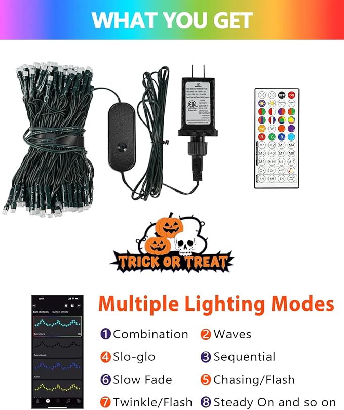 Smart Color Changing Halloween Lights, 107FT 300LED App Control RGB LED String Light with Remote & Timer, Music Sync Multiple Modes Twinkle Christmas Tree Light Waterproof Halloween Decorations