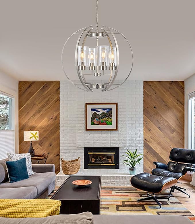 Brushed Nickel Chandelier Globe 24" Dining Room Lighting Fixtures Ceiling Hanging Pendant Lighting with Clear Glass Shades Modern Farmhouse Chandeliers for Foyer Bedroom Kitchen Living E26