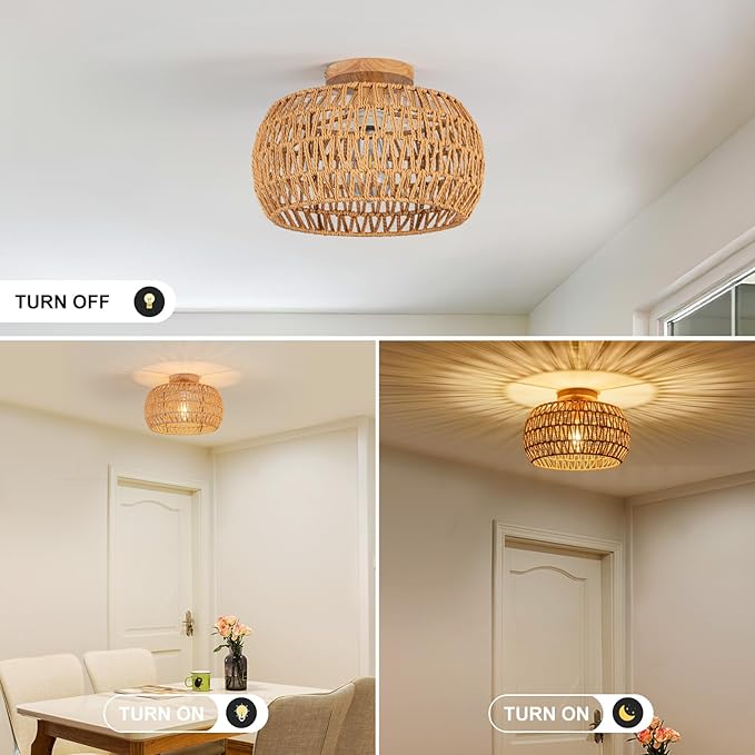 Boho Ceiling Light Fixtures Rattan Chandelier Bedroom Light Small Rattan Flush Mount Ceiling Light Hand-Woven Chandelier for Nursery Light Kitchen Farmhouse Chandeliers