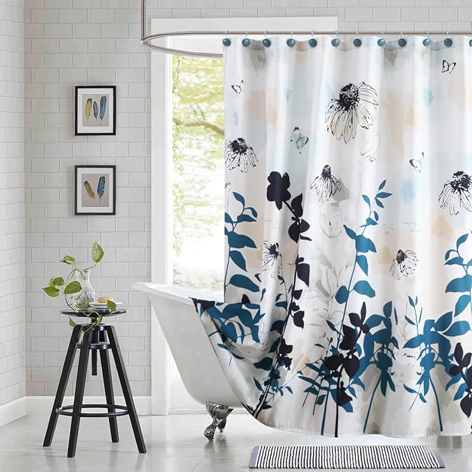 Fabric Shower Curtain 78 Inches Long, Blue Black Beige Watercolor Foral Plant Shower Curtains for Bathroom, Modern Decorative Bathroom Curtains, 72" W x 78" H