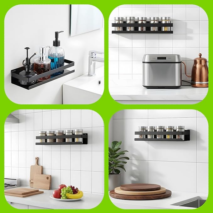 Yolev 2 Pieces Hanging Shower Head Caddy, Rustproof Bathroom Shower Shelf Organizer Wall Mounted Floating Stainless Steel Shelves Nail-Free Wall Mounted Spice Rack for Kitchen（11.81 Inch）
