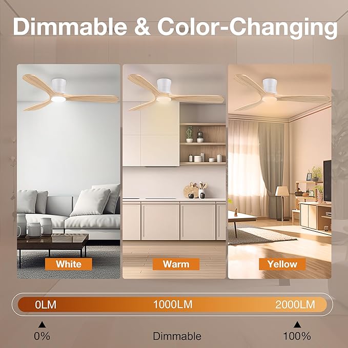 Smart 52” Wood Flush Mount Ceiling Fans with Lights and Remote,Quiet DC Motor,Outdoor Indoor Ultra Low Profile Ceiling Fan works with Alexa WIFI APP,Modern White Ceiling Fan for Bedroom Patio
