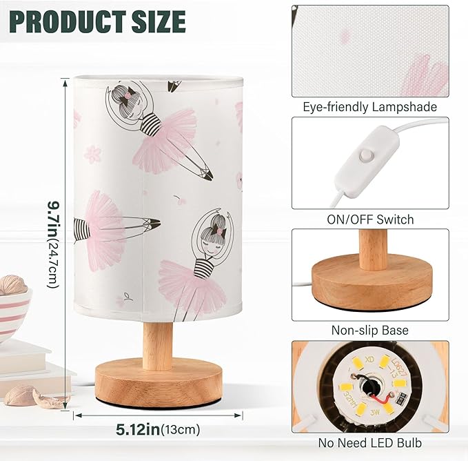 Cute Ballerina Girl Table Lamp with Pink Flower Pattern, Wood Base, Fabric Shade for Bedside, Desk, Living Room, Kids Room, Office