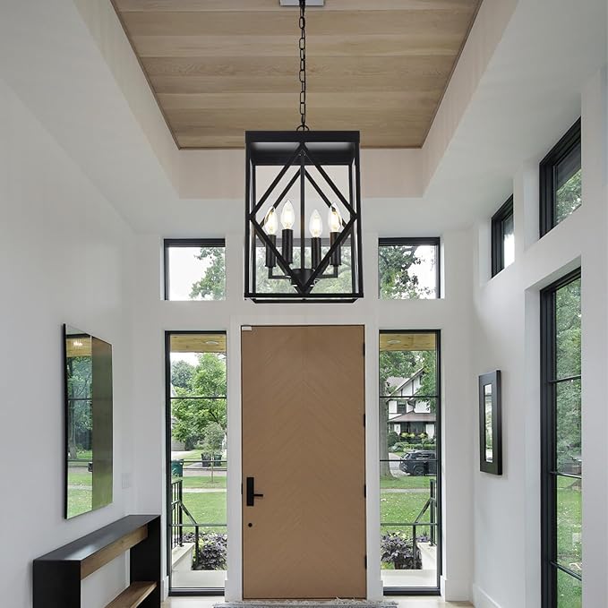 4-Light Outdoor Pendant Light Fixtures Large 15.7'' Black Outdoor Chandelier Metal Cage Exterior Hanging Porch Light w/Glass Shade, Outdoor Pendant Lantern Lamp for Front Porch Balcony Foyer