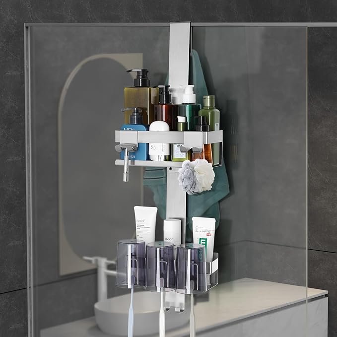 Emibele Over The Door Shower Caddy 2 Tier, 304 Stainless Steel Hanging Shower Caddy Rustproof Shower Shelves, No Drilling Hanging Shower Organizer for Bathroom Glass Door, Silver