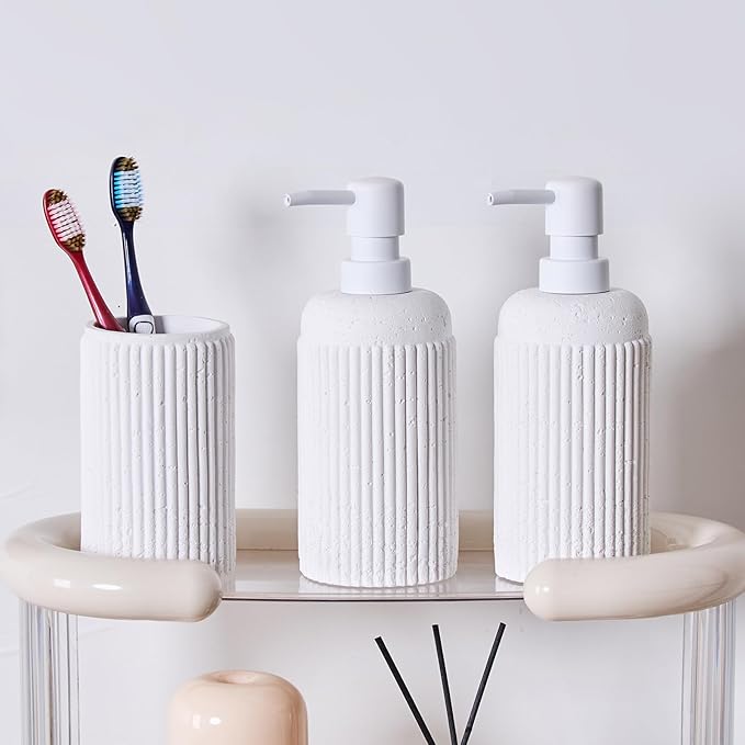 2Pcs White Natural Travertine Textures Hand Soap Dispenser Set, Small Bathroom Countertop Resin Liquid Soap Dispensers, Kitchen Dish Wash Soap Dispensers,Refillable Dispenser with Vertical Stripe