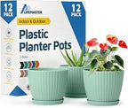 Mint 6-Inch Plant Pots with Drainage & Saucers 12 Pack, Indoor & Outdoor Planters for Houseplants, Herbs, and Flowers, Durable & Weatherproof Material, Stackable, Lightweight, Minimalist Design