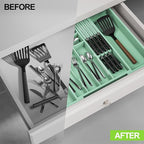 Bamboo Kitchen Drawer Organizer, Expandable Utensil Organizer with Removable Knife Block, Cutlery Tray Holder with Divider, Adjustable Silverware Organizer, Cyan