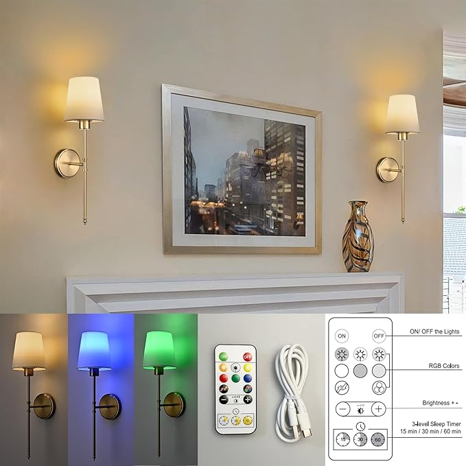 Battery Operated Wall Sconces Set of 2, Gold Rechargeable Wall Lights with Remote 16 Colors Wireless Wall Lamp for Bedroom Living Room Hallway (Dimmable Bulb Included)