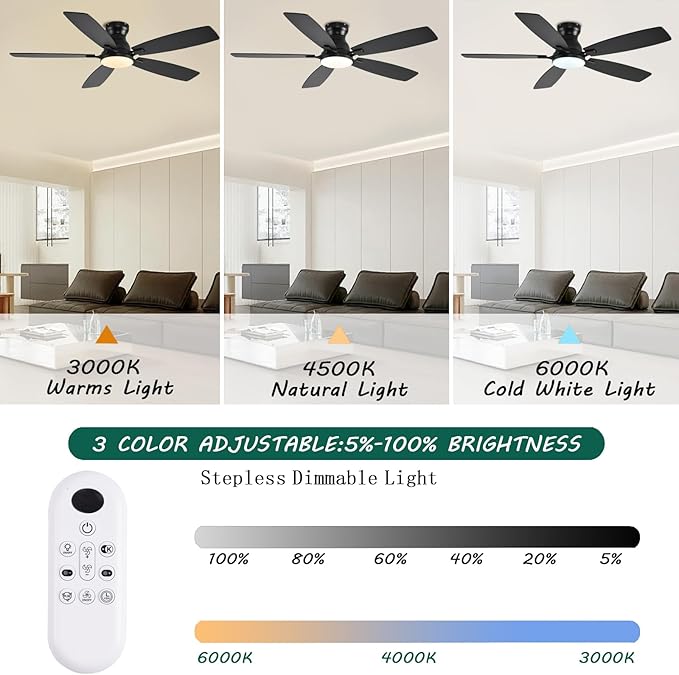 52inch Flush Mount Ceiling Fans with Lights and Remote Control/APP Control, DC Reversible Motor, Noiseless, Dimmable, Low Profile Black Ceiling Fan for Bedroom Indoor/Outdoor Use