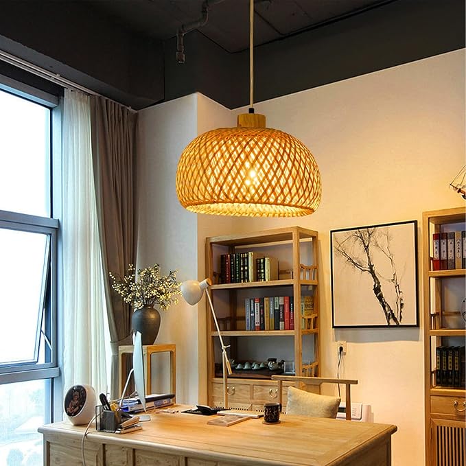 Bamboo Pendant Light, 11.8inch Hand-Woven Natural Wicker Rattan Bamboo Lamp, Beige Boho Hanging Chandelier, Rustic Island Dining Ceiling Light for Living Room, Kitchen, Farmhouse, Bedroom