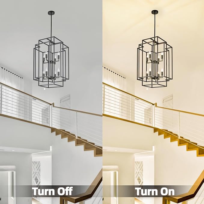 Black Farmhouse Modern Chandelier, 8-Light Tiered High Ceiling Chandeliers, Foyer Lighting Fixtures, Industrial Hanging Metal Lantern Pendant Light, for Livin Room,Entryway,Staircase,Hallway