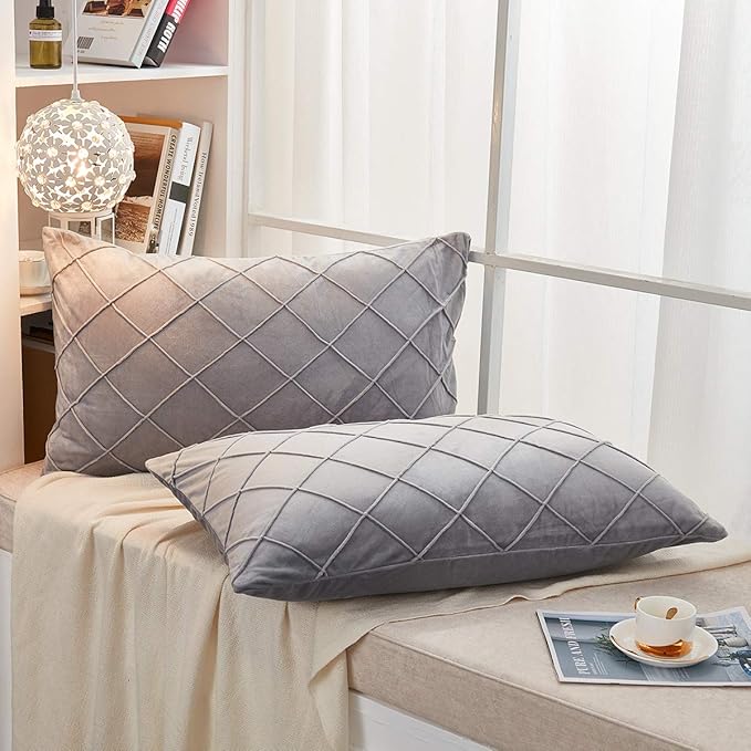JAUXIO Diamond Pinch Pleated Crystal Velvet Pillowcases 2 Pack Solid Pintuck Throw Cushion Cover for Home Decor Hidden Zipper Closure (Light Grey, Standard)