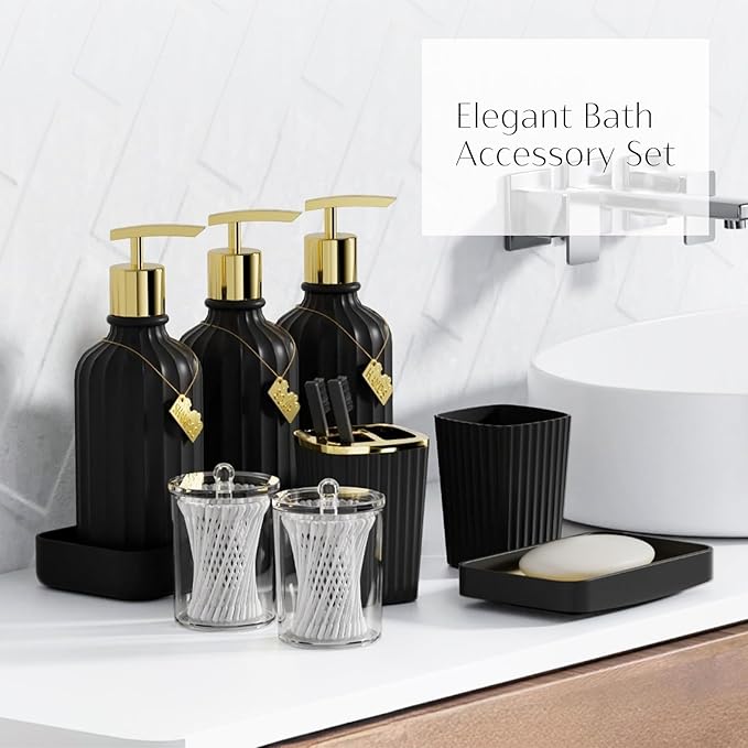 32PCS Bathroom Accessory Set Black Bathroom Accessories Bathroom Set, Shower Curtain Set, 2 Piece Bath Towel Set, 3PC Soap Dispenser, Toilet Brush & Trash Can