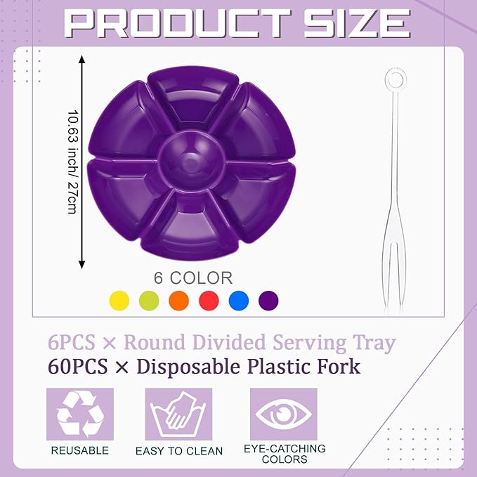 Zhehao 6 Pcs Plastic Divided Serving Trays with 60 Pcs Disposable Fork, 7 Compartments Round Chip Dip Plate, Petal Shape Platter, 10.6'' Snacks Serving Dish for Party Candy Nuts Fruits (Classic Color)