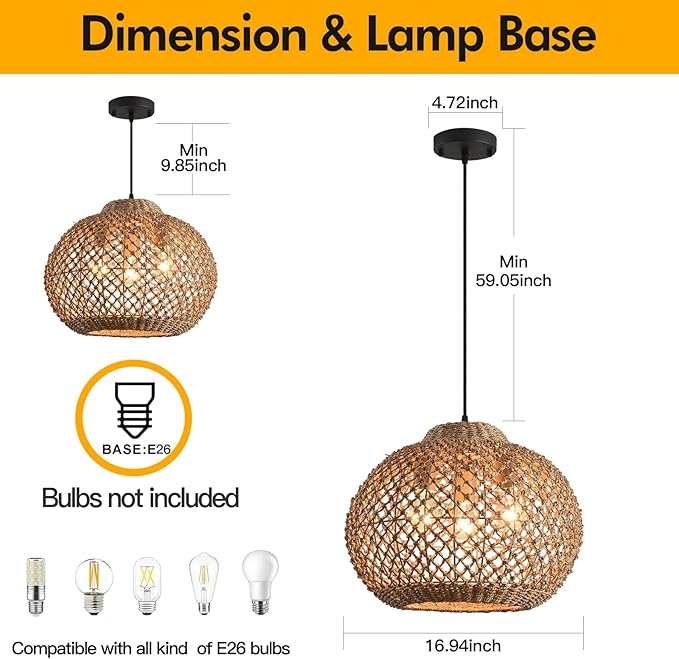 16.94" Rattan Pendant Light,Boho Wicker Chandelier Woven Water Plants, of Kitchen Island Farmhouse Dining Room,Entryway Foyer