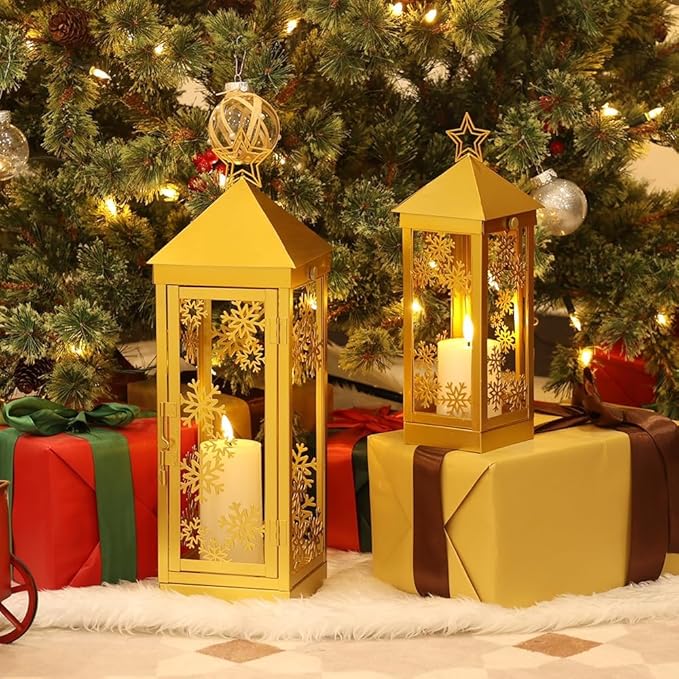NEEDOMO Christmas Decorations Outdoor&Indoor, 17''/12'' Metal Candle Lantern Decor,Christmas Lanterns with Snowflakes Stars and LED Candle for Home Porch Patio Table Centerpieces, Xmas,No Glass
