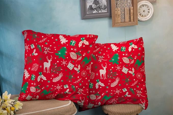 CAPSCEOLL 2PCS Red Pillow Cover 20X20Inch Green Christmas Reindeer Branch Cute Deer Floral Foliage Pine Tree Snowflake Standard Pillow Covers for Bedroom Sofa Living Room