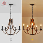 22“ Farmhouse Wooden Chandelier Modern Vintage 5-Lights Candle Style Chandeliers with Wood Finish Metal Industrial Retro Rustic Black Chandelier for Dining Room, Kitchen, Living Room, E12