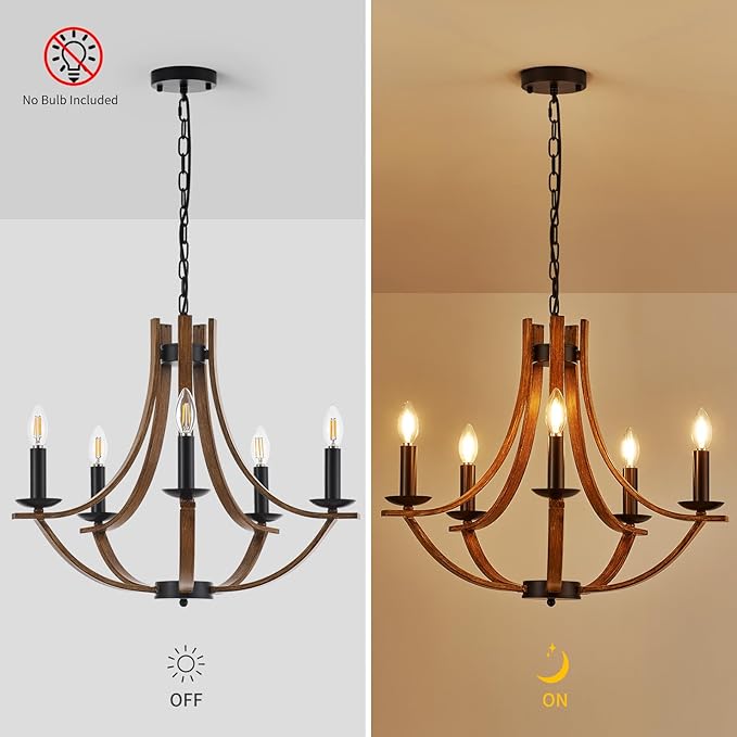 22“ Farmhouse Wooden Chandelier Modern Vintage 5-Lights Candle Style Chandeliers with Wood Finish Metal Industrial Retro Rustic Black Chandelier for Dining Room, Kitchen, Living Room, E12