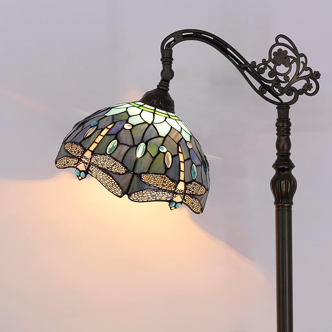 Tiffany Floor Lamp Stained Glass Blue Dragonfly Style Arched Reading Light Gooseneck Adjustable Corner Standing Lamp 12X16X66 Inch for Bedroom Living Room Home Office