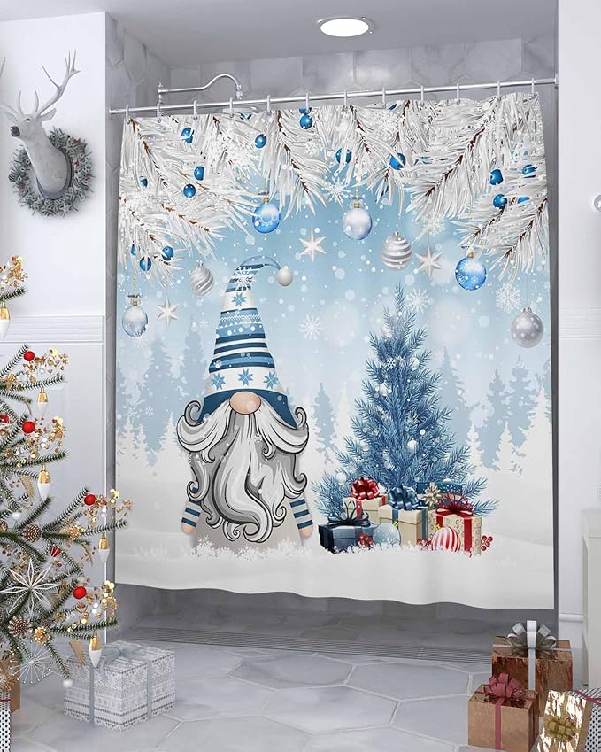 Vandarllin Christmas Gnome Shower Curtain, Winter Merry Christmas Tree Balls Shower Curtains Set with Hooks, Blue Waterproof Fabric Bathroom Curtains Decor Home Accessories, Stall Long 54 X 78 Inch