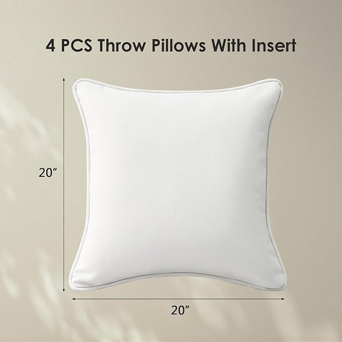 Decorative Outdoor Water Repellent Throw Pillows with Inserts, Set of 4, 20" x20" Pillows for Patio, Backyard, Bed, Couch, and Patio Furniture, Linen