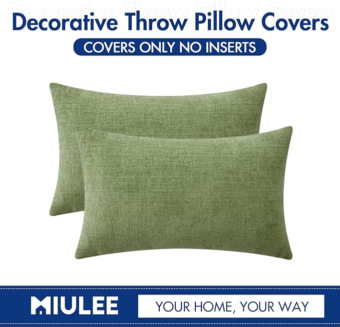 MIULEE Pack of 2 Couch Throw Pillow Covers 12x20 Inch Spring Soft Sage Green Chenille Pillow Covers for Sofa Living Room Solid Dyed Pillow Cases