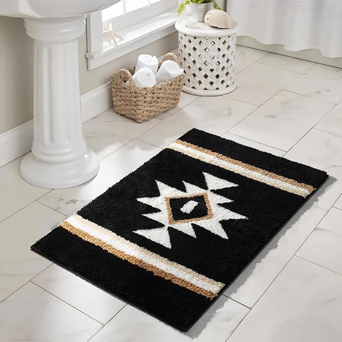 Boho Bathroom Rugs Black Bath Mat Non Slip Soft Absorbent Western Geometric Bath Rug Luxury Plush Floor Mat for Farmhouse Bathroom Shower Kitchen Modern Decor 24x36