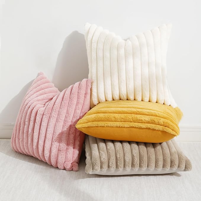 decorUhome Faux Fur Christmas Throw Pillow Covers 20x20 Set of 2, Decorative Soft Plush Striped Neutral Couch Euro Pillow Covers with Velvet Back for Sofa, Bed, Living Room Home Decor, Cream White