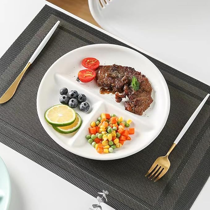 (5 Pack) Portion Control Plate for Balanced Eating, 9" Unbreakable Divided Plates,3 Compartment Plates, Reusable Plastic Plates, BPA Free for Kids Adults (White)