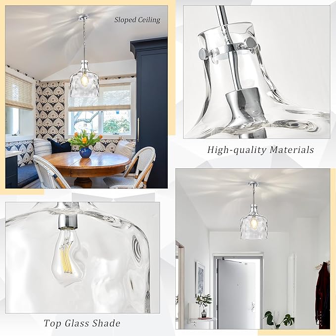 Extra Large 16" Vintage Farmhouse Pendant Light – Hand-Blown Clear Hammered Glass Shade, Adjustable Chain Hanging Light for Kitchen Island, Hallway, Dining Room, Chrome