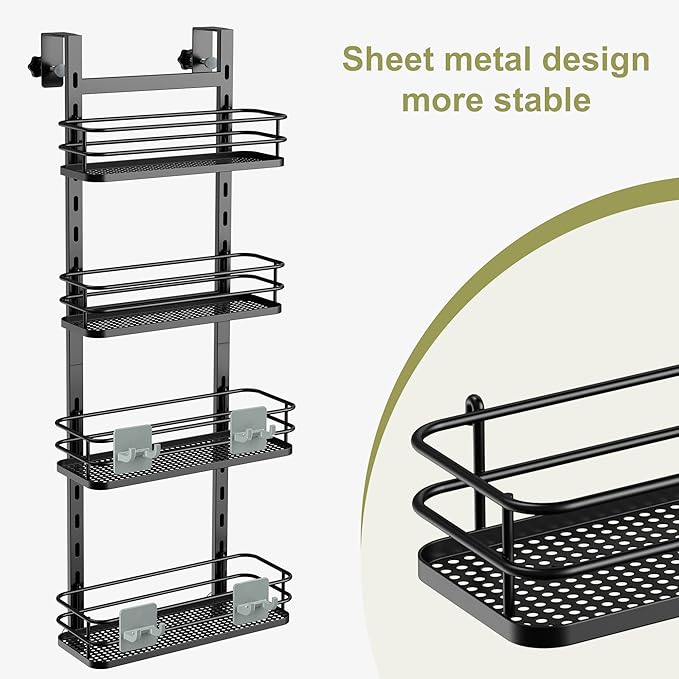 Orimade Adjustable Hanging Over the Shower Door Caddy,Bathroom Organizer Shelf Storage with 4 Hooks for Razor,No Drilling Rustproof Shower Rack Basket, 4 Tier, Matt Black