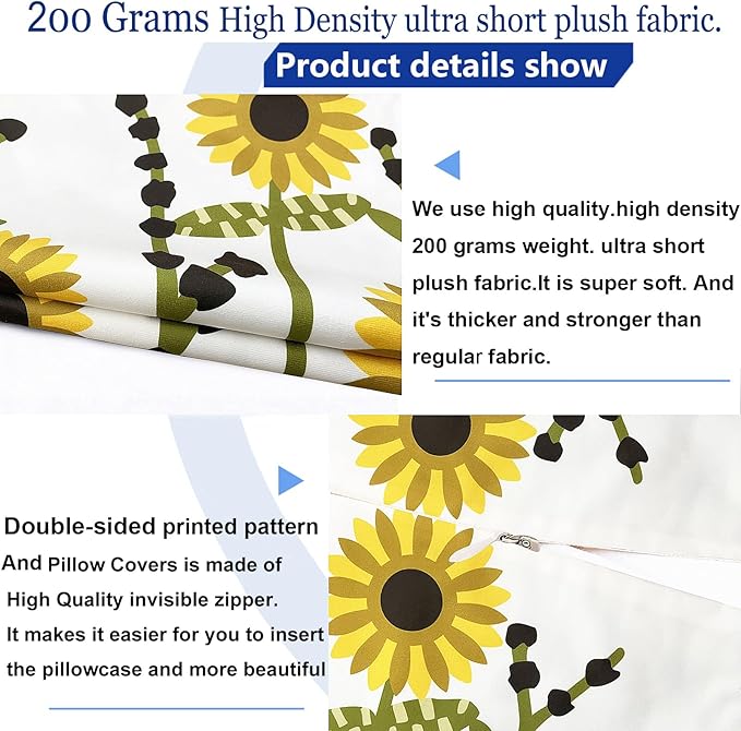 Decorative Throw Pillow Covers Set of 2 Sunflower Pillow Covers 16x16 inch Super Soft Short Plush Floral Square Throw Pillows,Farmhouse Outdoor Pillow Covers for Couch Sofa Bed Living Room