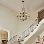 Farmhouse Chandeliers for Dining Room Light Fixture, 9-Light 31" Adjustable Height Retro Faux Wood Texture Rustic Light Fixtures for Living Room Bedroom Kitchen Island Foyer Entryway