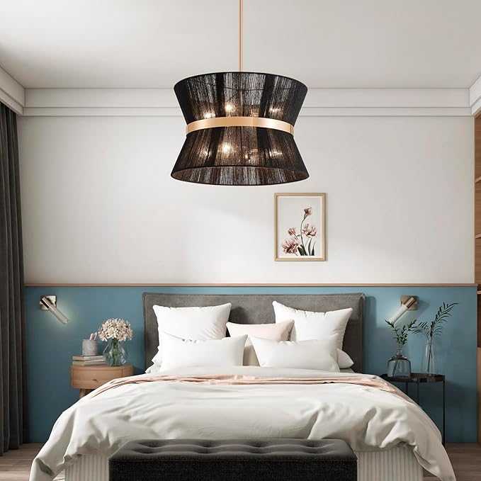 Shrine Lighting Black Boho Chandelier, Modern Design, Boho Drum Pendnat Light for Dining Room, D18'' x H12'', Adjustable 47'', E12*8 Sockets, Black Rope Lampshade&French Gold Finish Frame
