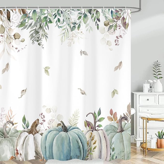 Fall Shower Curtain, Autumn Blue Green Pumpkin Leaves Harvest Thanksgiving Shower Curtains Decor Set, Polyester Fabric Bathroom Accessories Set with Hooks 72X72IN