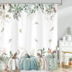 Fall Shower Curtain, Autumn Blue Green Pumpkin Leaves Harvest Thanksgiving Shower Curtains Decor Set, Polyester Fabric Bathroom Accessories Set with Hooks 72X72IN