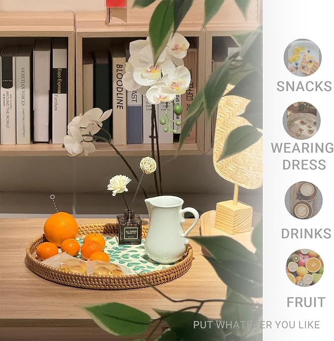 11.8 inch Round Rattan Serving Tray with Mother of Pearl Inlay Wicker Platter Coffee Tray for Coffee Table Decor Coastal Boho Kitchen Storage Display Decorative Basket Food Tray Handmade Wall Decor