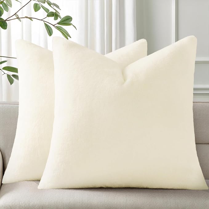 Pallene Faux Fur Plush Christmas Throw Pillow Covers 18x18 Set of 2, Soft Fluffy Couch Pillow Covers for Living Room, Cream White