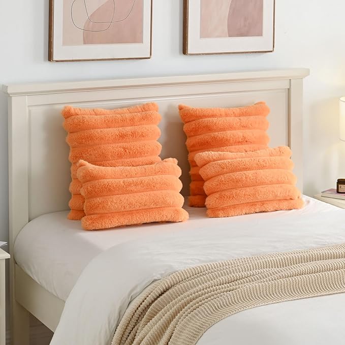 FUTEI Orange Decorative Throw Pillow Covers 20x20 Inch Set of 2, Square Soft Faux Rabbit Fur Big Striped Cushion Cover,Home Decor for Couch Sofa Bed Living Room