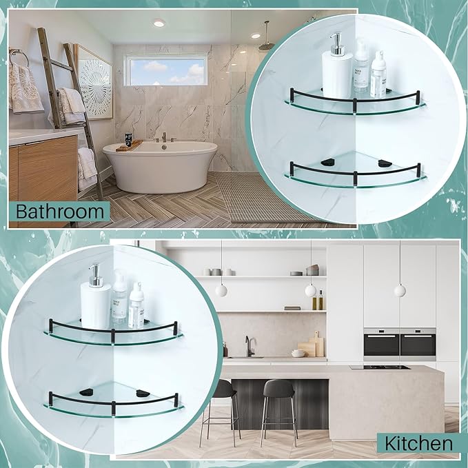 Crowye 2 Pcs Corner Shower Shelf 2-Tier Glass Corner Shelf Stainless Steel Wall Mounted Bathroom Organizer for Storing Bottle Shower Gel Shampoo Brush, 9.25 Inches (Black)